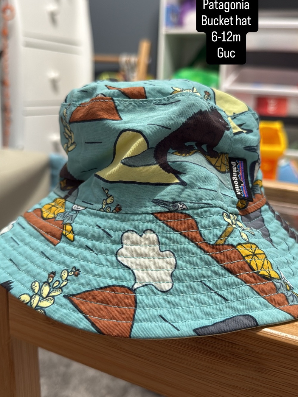 Patagonia Kids Teal Graphic Bucket Hat with Brown and Yellow Accents